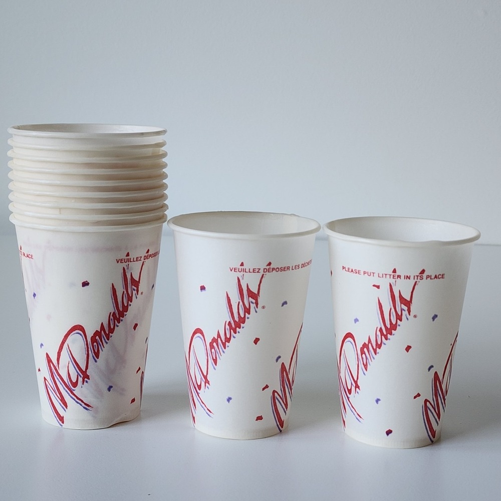 McDonalds Waxed Paper Cups, Un-Used 7oz 4" 1990s Logo Movie Prop Nostalgia VTG